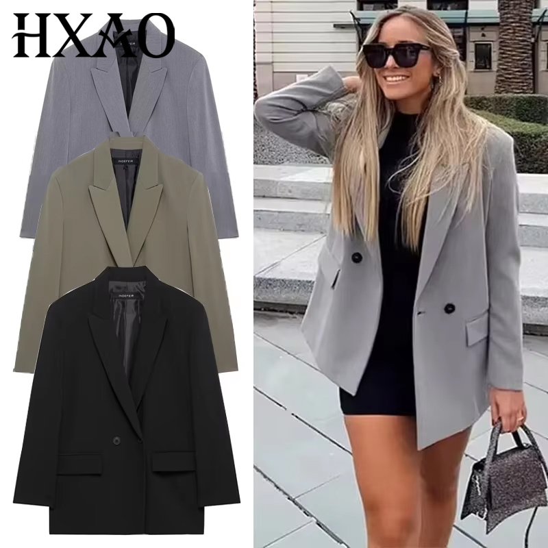 Blazer Women Oversized - Hxao blazers para mulher preto cinza